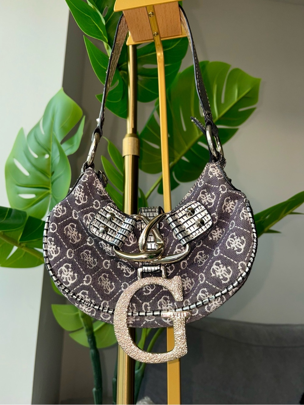 Rare Vintage Y2K GUESS Campari Mini Monogram Crescent Shoulder Bag Giant G Charm